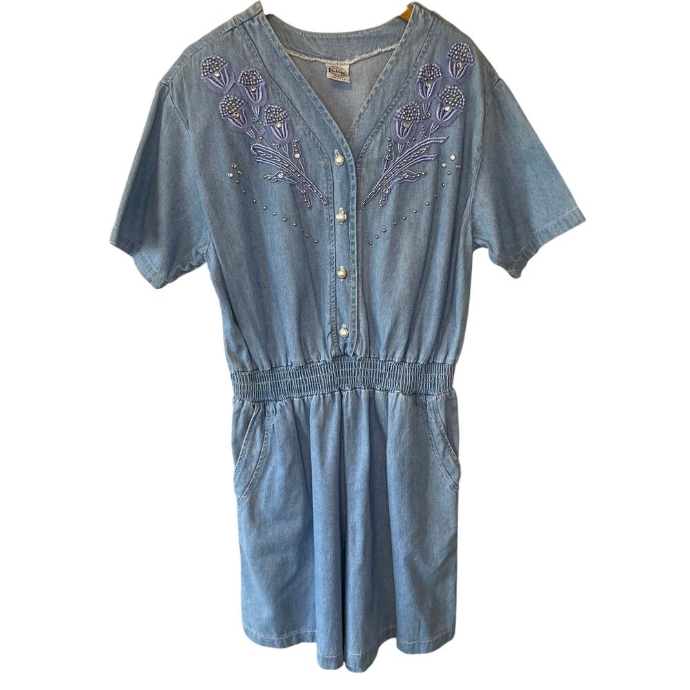 VTG U.S.A. Bridge Sports Wear Co Denim Lace Detail Short Sleeve Romper Large